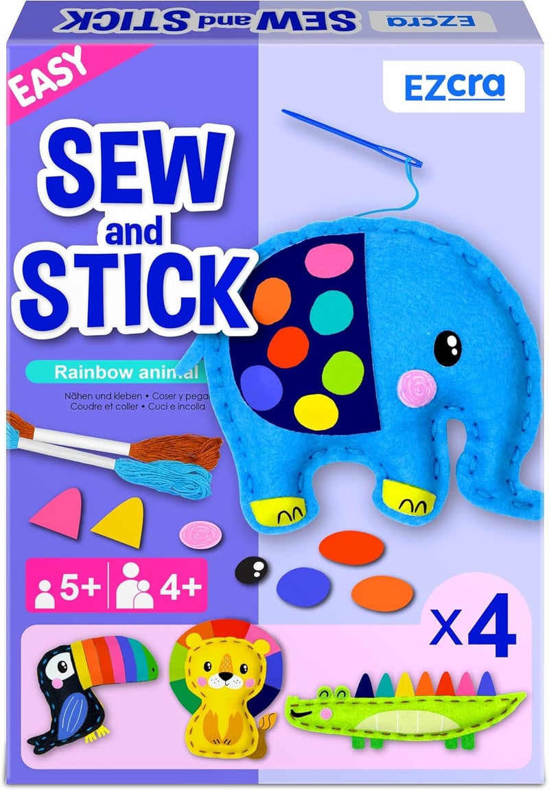 EZCRA Safari Animals Sewing Kit for Kids Ages 4-8, No-Mess Felt Craft Projects, 4 Easy Beginner Learn-to-Sew Toys for Boys and Girls - Image 1